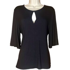 Peruvian Connection Black Keyhole Top Tie Waist Flutter Sleeve Stretch Blouse M
